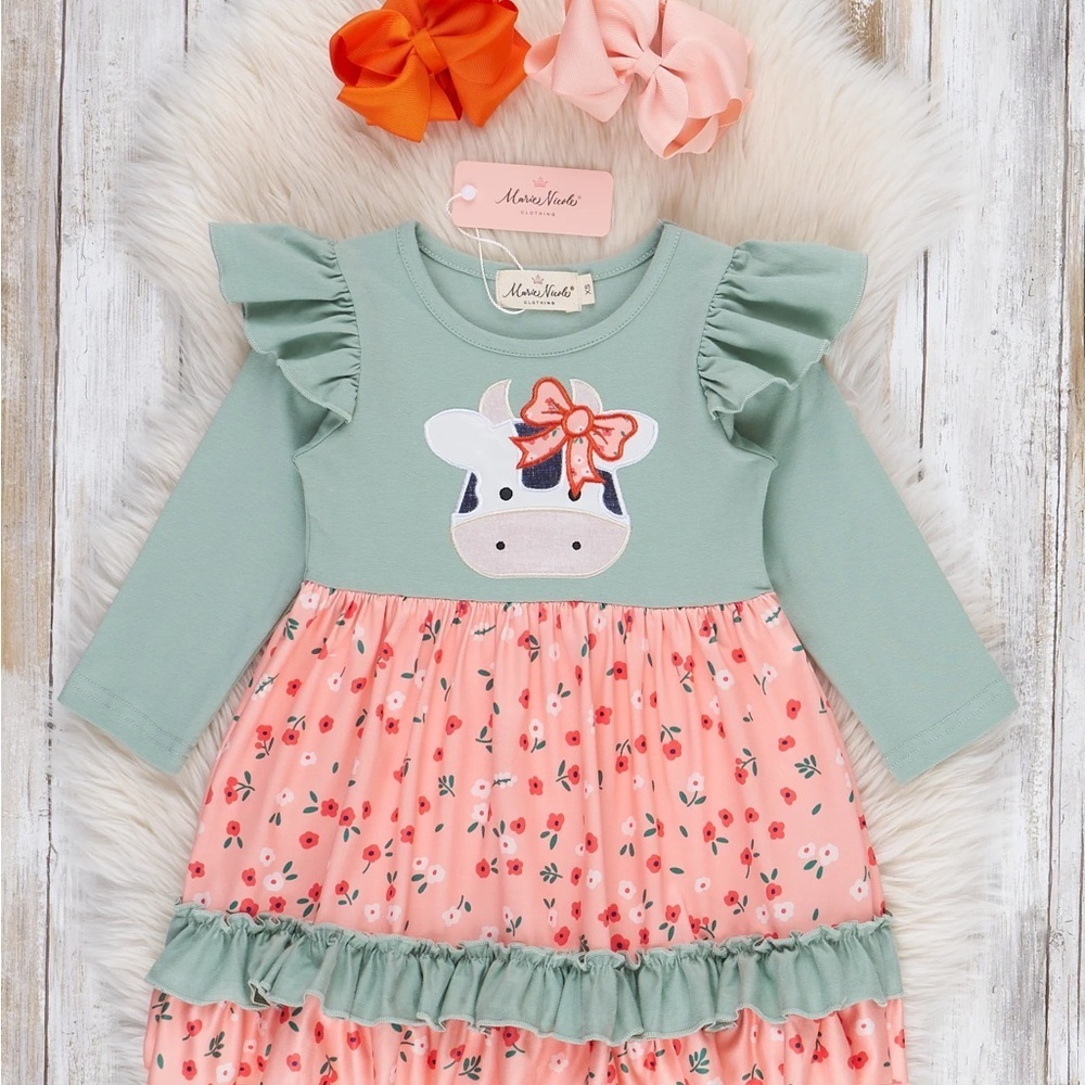 NWT Marie Nicole Girls Size 5Floral Green and Pink Cow Farm Long Sleeve Dress - Picture 2 of 3